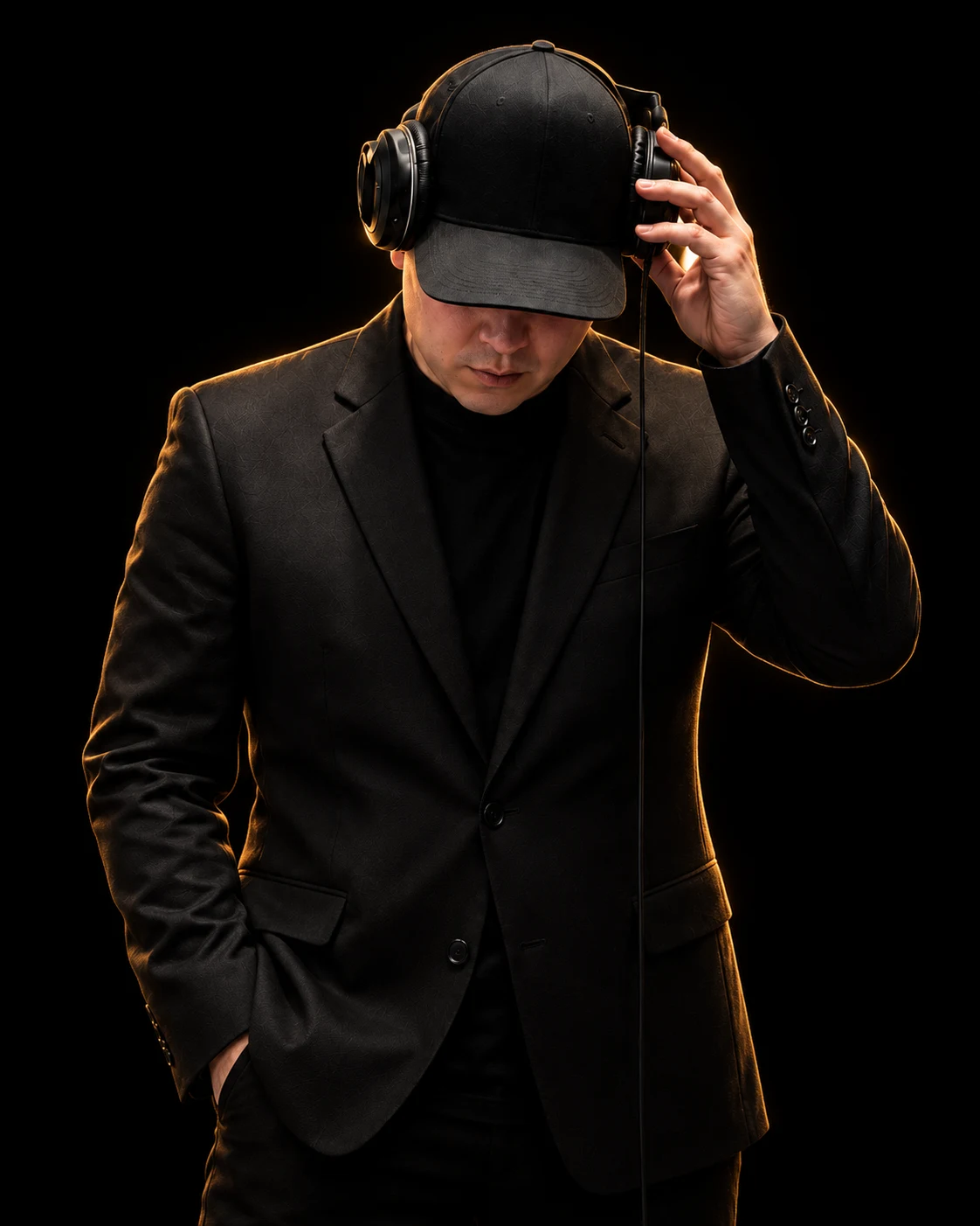 ThatsNotorious gold-lit studio portrait with headphones